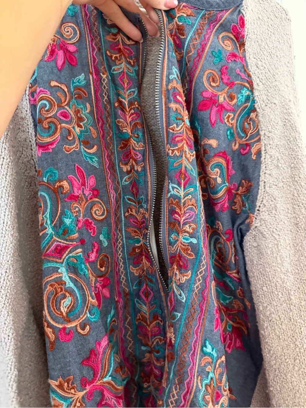 Umgee Gray Cardigan Sweater with Teal and Pink Floral Embroidery - Picture 5 of 5